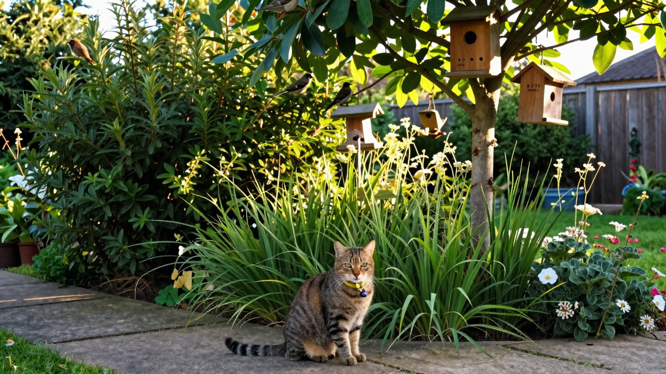Gato cinza listrado sentado em jardim com arbustos, flores e casinhas de passarinho penduradas em árvore.