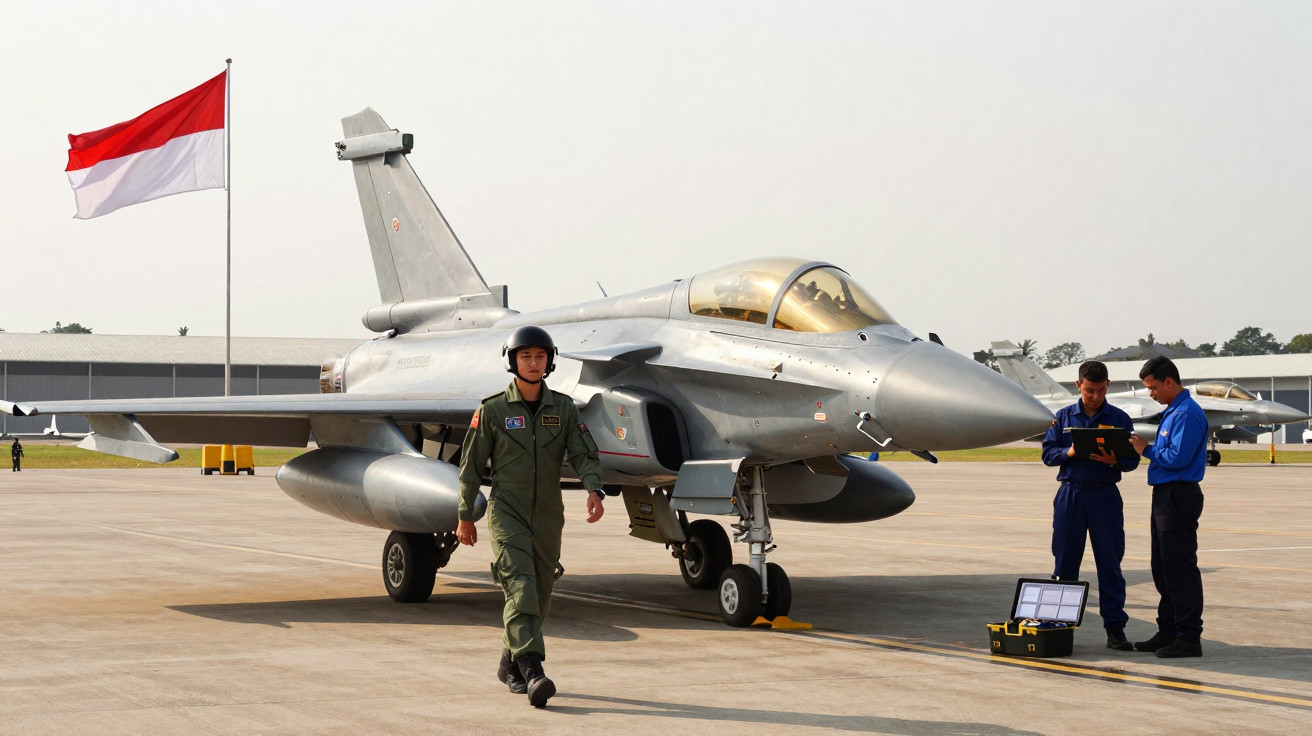 Caça militar cinza com pilotos e técnicos na pista de aeroporto próximo a uma bandeira vermelha e branca.