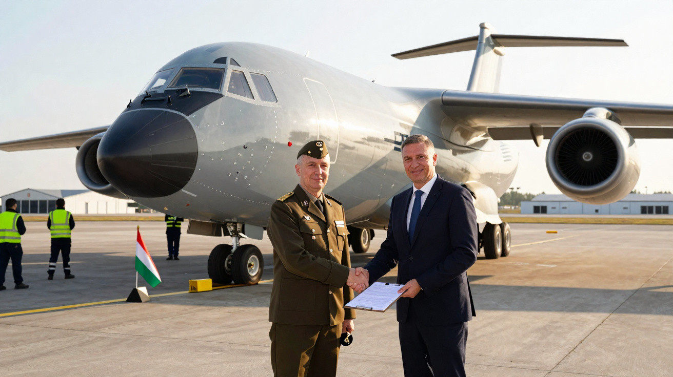 Dois homens em traje formal apertam as mãos em frente a um avião militar cinza no aeroporto.