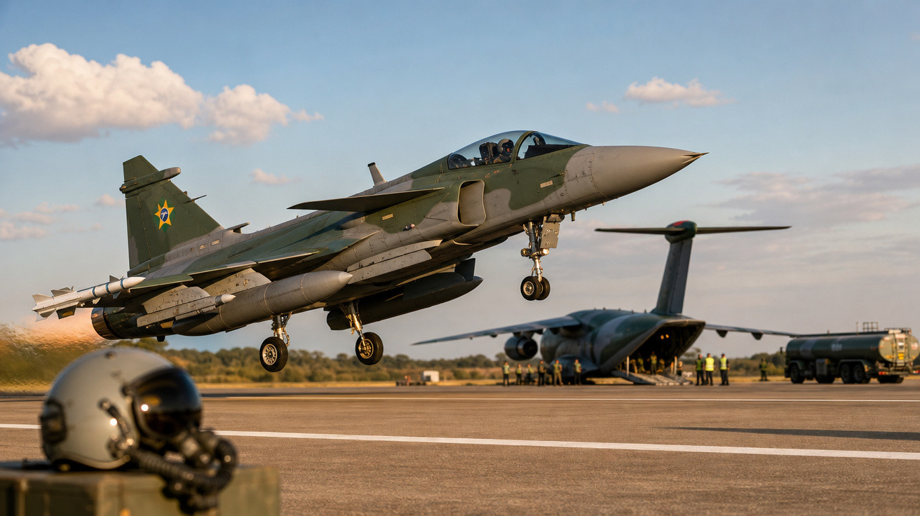 Caça militar brasileiro decolando com capacete em primeiro plano e avião de transporte ao fundo no aeroporto.