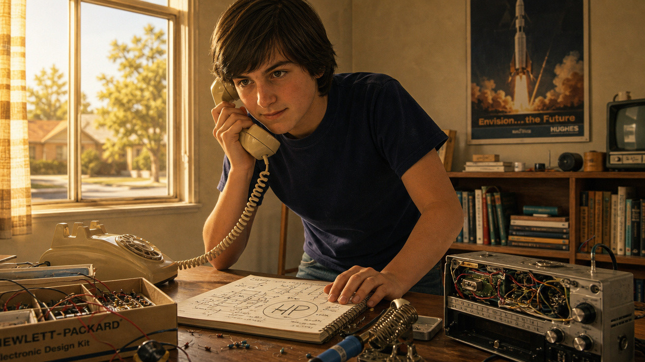 Adolescente falando ao telefone em mesa com equipamentos eletrônicos e anotações técnicas.