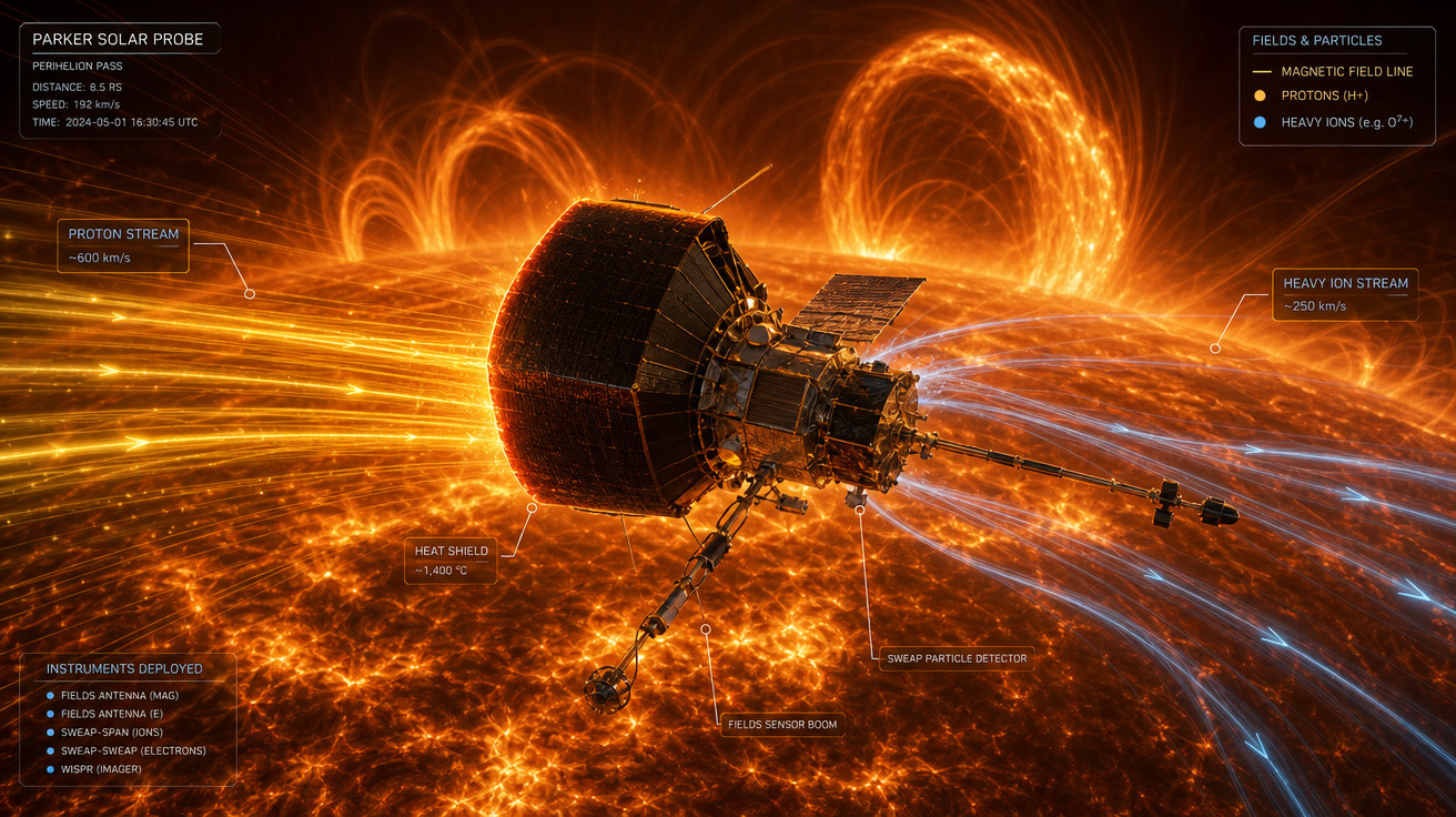 Sonda Parker Solar Probe estudando campos magnéticos e partículas perto do sol com fluxo de prótons e íons pesados.