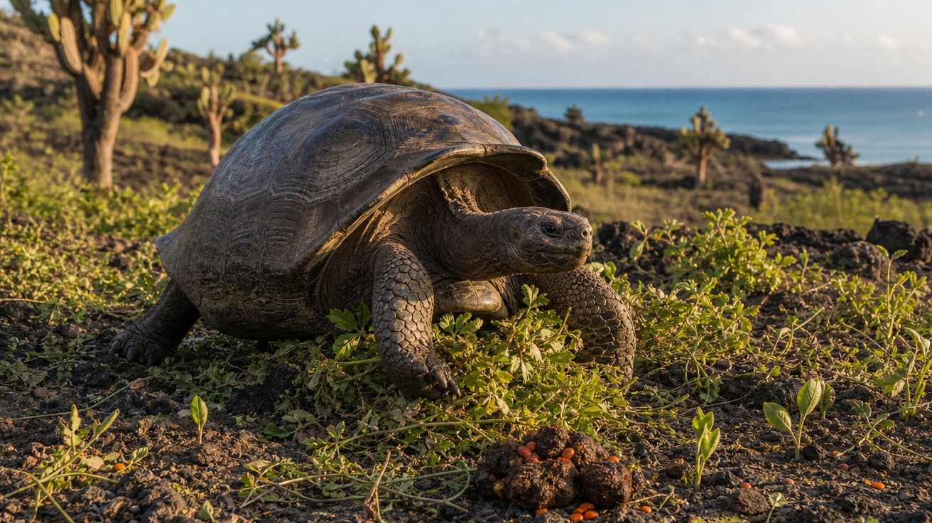 Tartaruga gigante em solo rochoso com vegetação baixa, ao entardecer, próximo ao mar.
