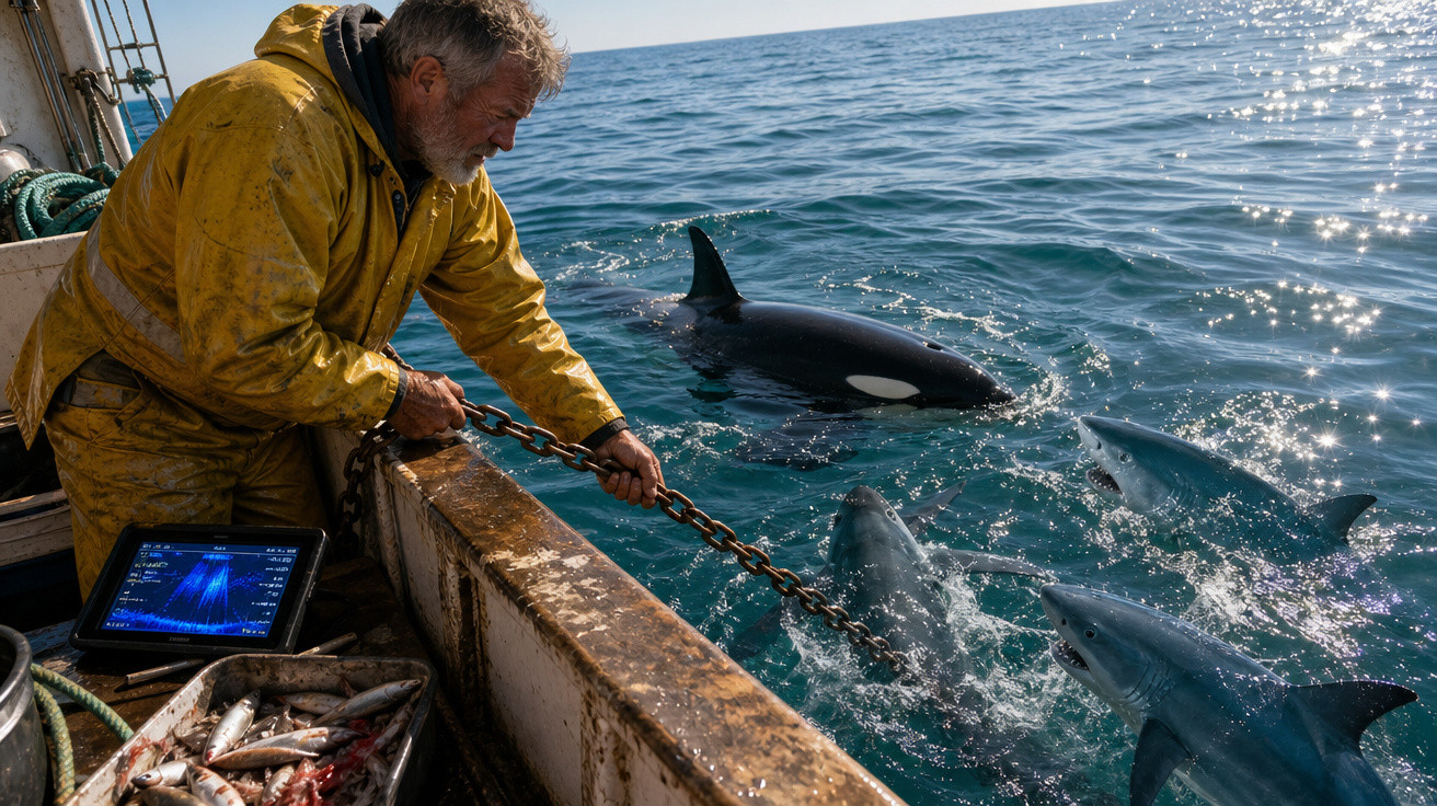 Pescador em barco interage com orca e tubarões próximos na água em dia ensolarado no mar.