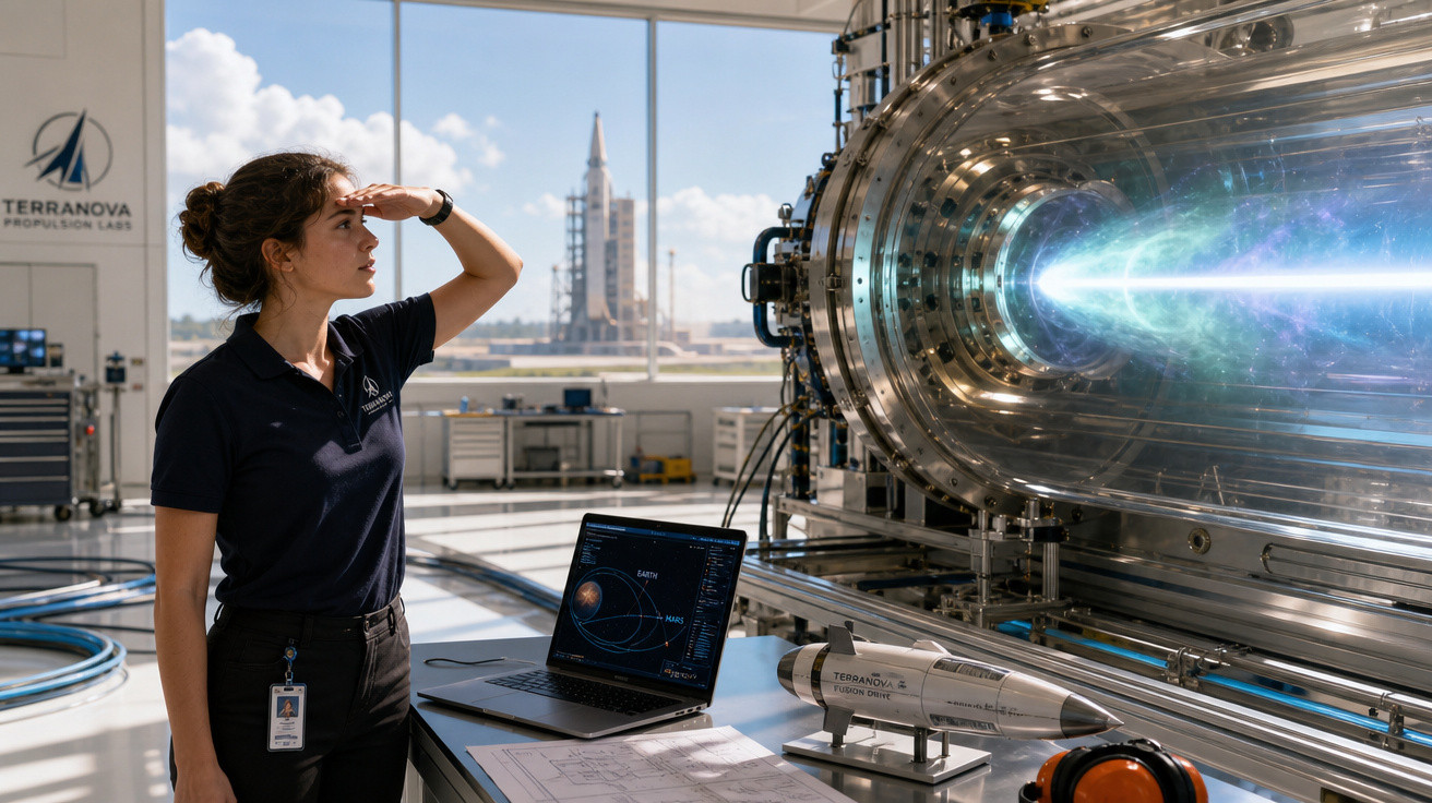 Mulher observa motor de foguete em laboratório com maquete de foguete e computador ao lado.