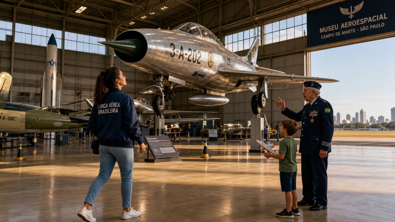 Visitantes observam avião militar exposto no Museu Aeroespacial, em São Paulo, sob luz natural.