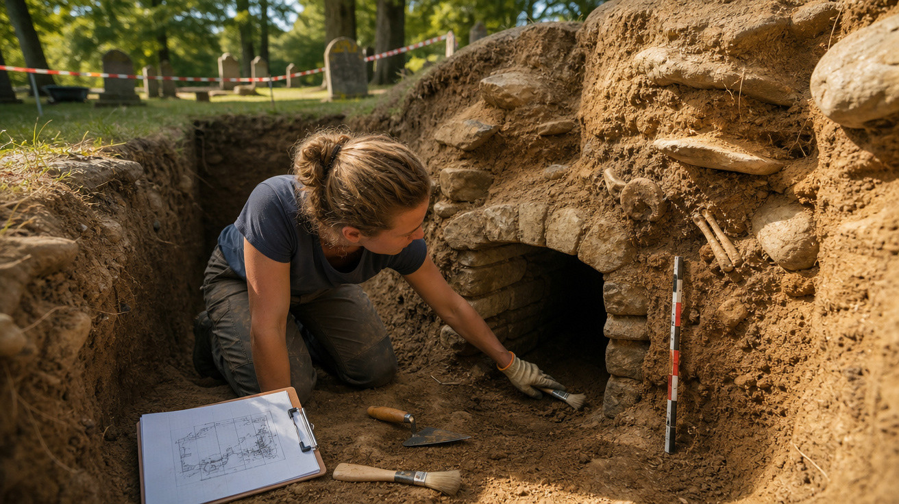 Mulher arqueóloga escava túnel antigo em sítio arqueológico ao ar livre, com ferramentas e prancheta.