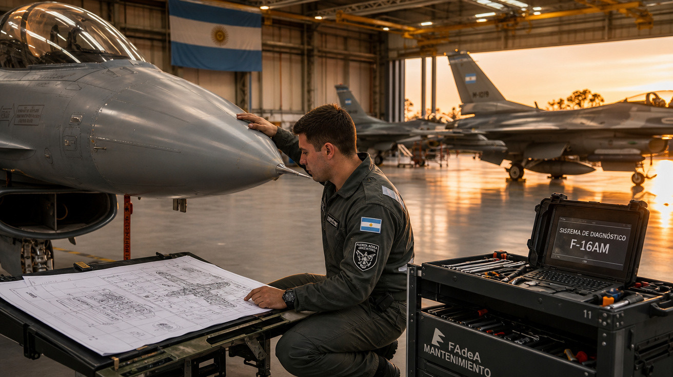 Técnico em uniforme verifica planta técnica próximo a caça F-16 em hangar com bandeira da Argentina.